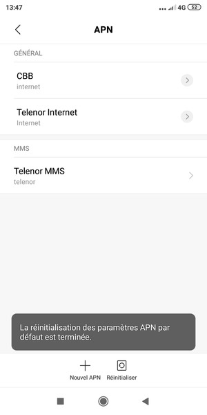 Votre téléphone va être réinitialisé avec les paramètres Internet et MMS par défaut