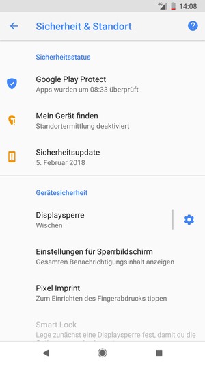 Um Ihre Bildschirmsperre zu aktivieren, gehen Sie zum Sicherheit & Standort Menü und wählen Sie  Displaysperre