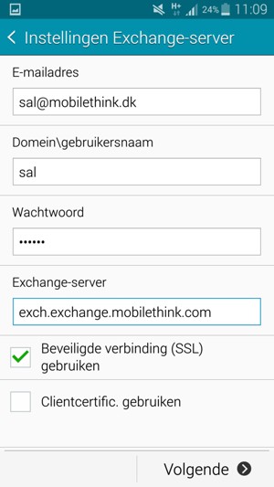 Voer Gebruikersnaam en Exchange serveradres in. Selecteer Volgende