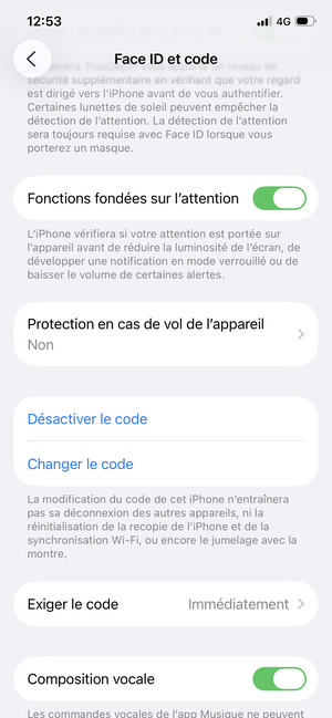 Faites défiler et sélectionnez Changer le code