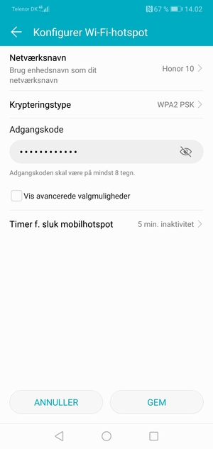 Indtast en Wi-Fi-hotspot adgangskode på minimum 8 tegn og vælg GEM