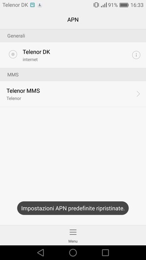Le impostazioni del tuo telefono saranno ripristinate secondo le impostazioni internet e MMS predefinite