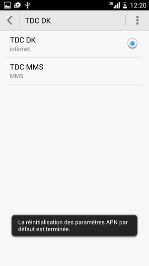 Votre téléphone va être réinitialisé avec les paramètres Internet et MMS par défaut