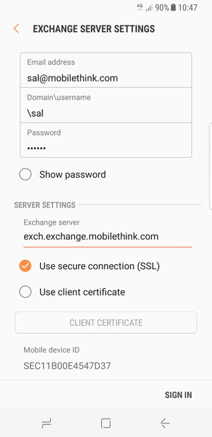 Enter Username and Exchange server address. Select SIGN IN