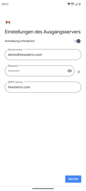 Geben Sie die Server-Adresse für ausgehende Post ein und wählen Sie WEITER