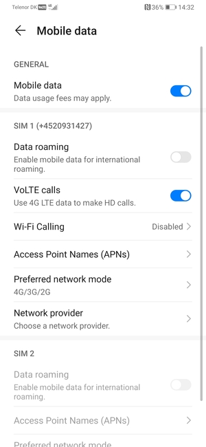 Scroll to SIM 1 or SIM 2 and select Preferred network mode