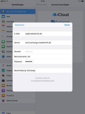 Geben Sie Ihre Exchange E-Mail-Informationen ein und wählen Sie Weiter