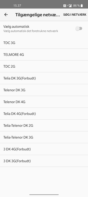 Vælg en netværksudbyder fra listen