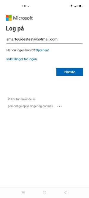 Indtast din e-mailadresse og vælg Næste