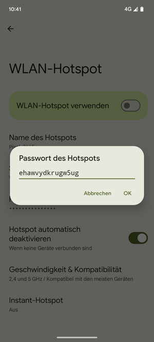 Geben Sie eine WLAN-Hotspot-Passwort mit mindestens 8 Zeichen ein und wählen Sie OK