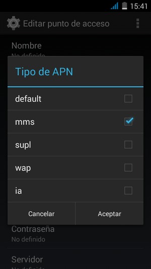 Marque la casilla de verificación mms y seleccione Aceptar