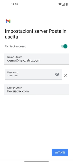 Inserisci l'indirizzo del server di posta in uscita e seleziona AVANTI