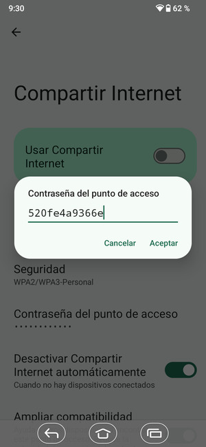 Introduzca una contraseña de punto de acceso Wi-Fi de al menos 8 caracteres y seleccione Aceptar