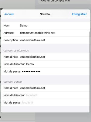 Saisissez les informations de messagerie pour le SERVER D'ENVOI et sélectionnez Enregistrer