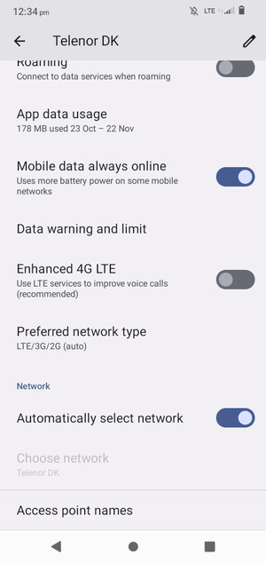 Scroll to and select Access point names