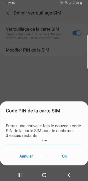 Veuillez confirmer votre nouveau code PIN de la carte SIM et sélectionner OK
