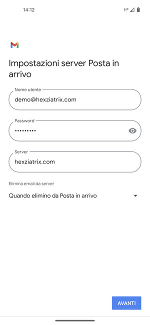 Inserisci Nome utente e l'indirizzo del server di posta in arrivo. Seleziona AVANTI