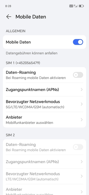 Scrollen Sie zu SIM 1 oder SIM 2 und wählen Sie Bevorzugter Netzwerkmodus