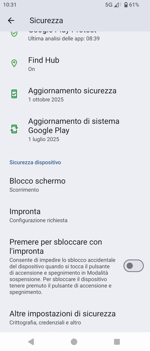 Per cambiare il PIN della scheda SIM, allez dans le menu Sicurezza et seleziona Altre impostazioni di sicurezza