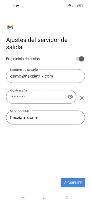 Introduzca la dirección de servidor saliente y seleccione SIGUIENTE