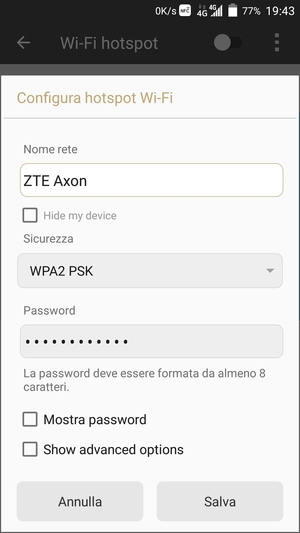 Inserisci una password dell'hotspot Wi-Fi di almeno 8 caratteri e seleziona Salva