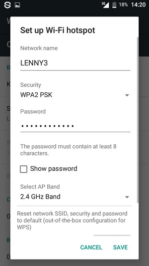 Enter a Wi-Fi hotspot password of at least 8 characters and select SAVE