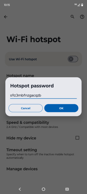 Enter a Wi-Fi hotspot password of at least 8 characters and select OK