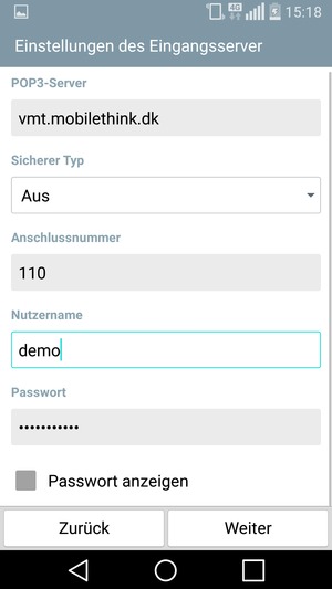 Geben Sie Eingang Server-Adresse und Nutzername ein. Wählen Sie Weiter
