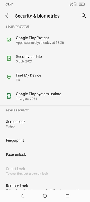 To activate your screen lock, return to the Security menu and select Screen lock
