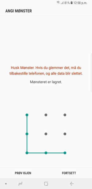 Tegn et opplåsingsmønster og velg FORTSETT