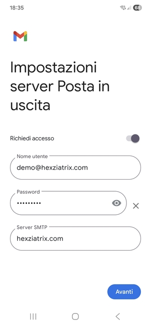 Inserisci l'indirizzo del server di posta in uscita e seleziona Avanti
