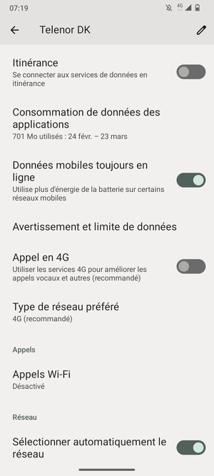 Pour changer de réseau en cas de problèmes de réseau, désactiver Sélectionner automatiquement le reseau