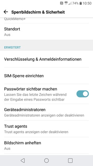 Um die PIN für die SIM-Karte zu wechseln, gehen Sie zum Sperrbildschirm & Sicherheit Menü zurück und wählen Sie SIM-Sperre einrichten