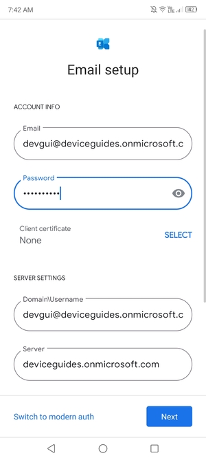 Enter Username and Exchange server address. Select Next