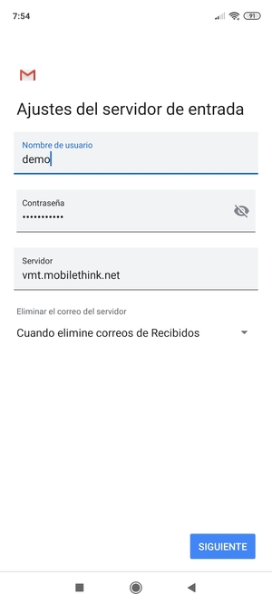 Introduzca Nombre de usuario y la dirección de servidor entrante. Seleccione SIGUIENTE