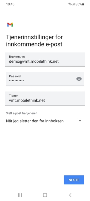Skriv inn Brukernavn og innkommende serveradresse. Velg NESTE