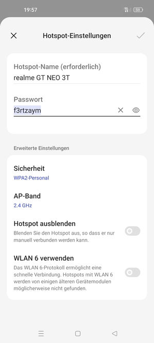Geben Sie eine WLAN-Hotspot-Passwort mit mindestens 8 Zeichen ein und wählen Sie OK