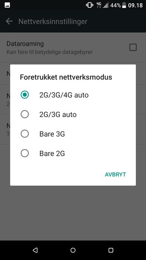 Velg ønsket alternativ
