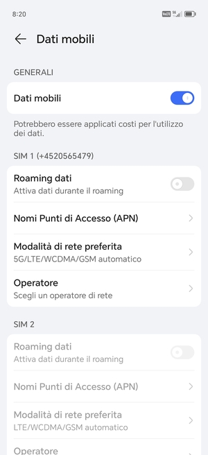 Scorri fino a SIM 1 o SIM 2 e seleziona Modalità di rete preferita