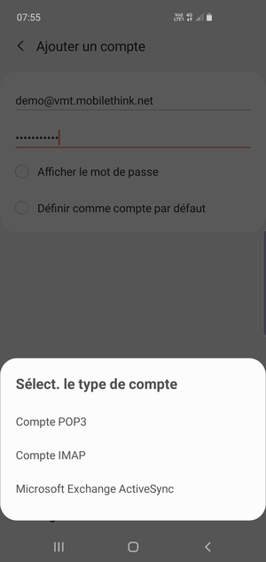 Sélectionnez Compte POP3 ou Compte IMAP