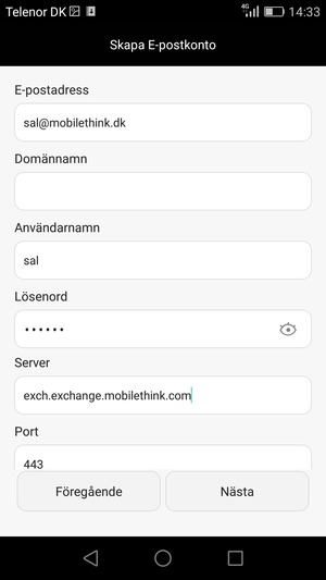 Scrolla ner och ange Exchange-serveradress. Välj Nästa