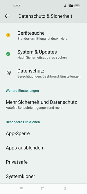 Scrollen Sie und wählen Sie  Mehr Sicherheit und Datehnschutz