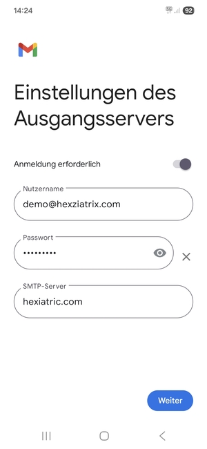 Geben Sie die Ausgangs Server Adresse ein und wählen Sie Weiter