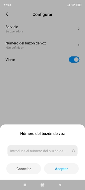Introduzca el Número del buzón de voz y seleccione Aceptar