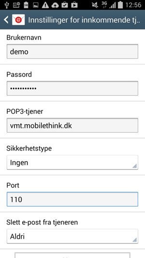 Skriv inn Brukernavn og innkommende serveradresse