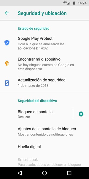 Para activar su bloqueo de pantalla, vaya al menú Seguridad y ubicación y seleccione Bloqueo de pantalla