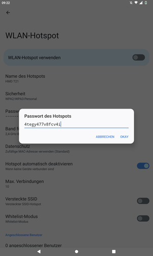 Geben Sie eine WLAN-Hotspot-Passwort mit mindestens 8 Zeichen ein und wählen Sie OKAY