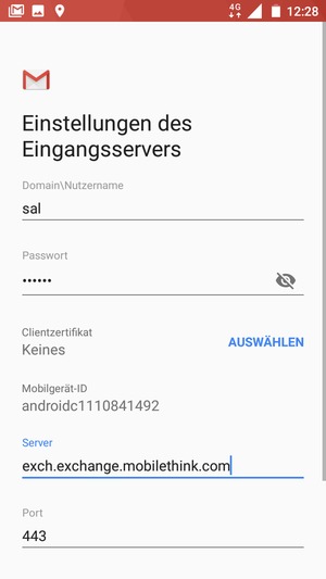 Geben Sie Nutzername und die Exchange Server-Adresse ein