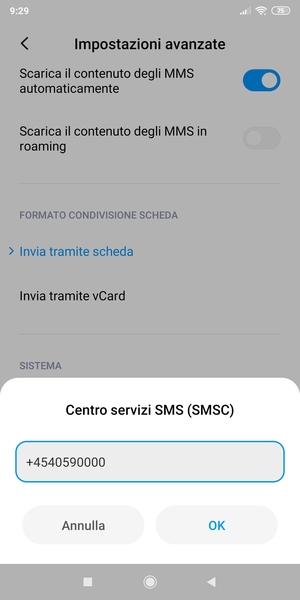 Inserisci il numero di Centro servizi SMS (SMSC) e seleziona OK