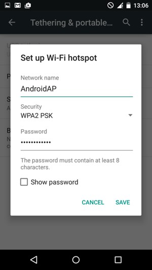 Enter a Wi-Fi hotspot password of at least 8 characters and select SAVE